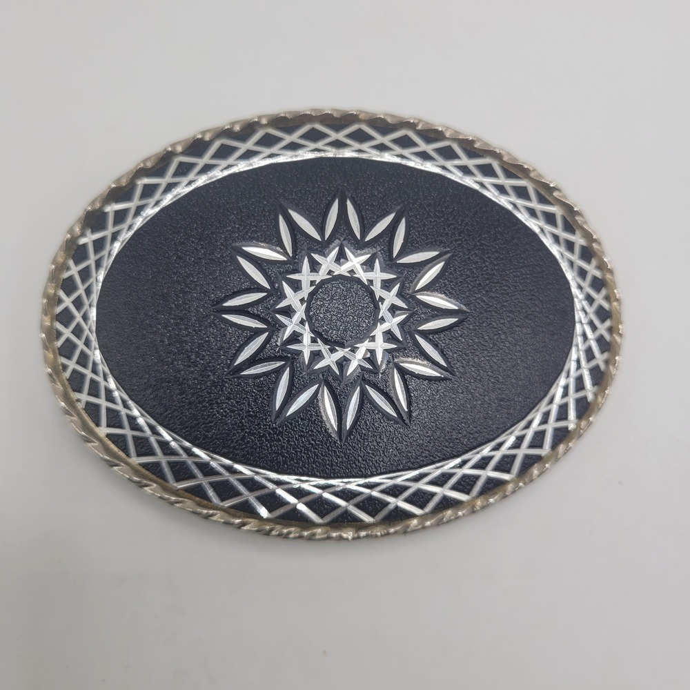 Western Belt Buckle Black Silver Sunburst Star Geometric Cowboy Rodeo Oval Ranch